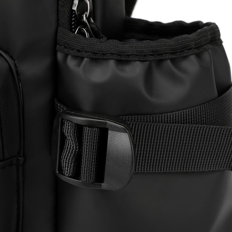 Close-up of Sports Men's Multifunctional Crossbody Bag with USB-port, showcasing buckle detail and sleek black design, SF1212.